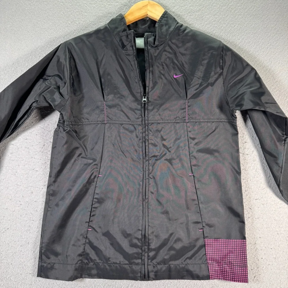Vintage Nike Windbreaker‎ Jacket Women XL 16 Black Pink Padded Swoosh Sportswear